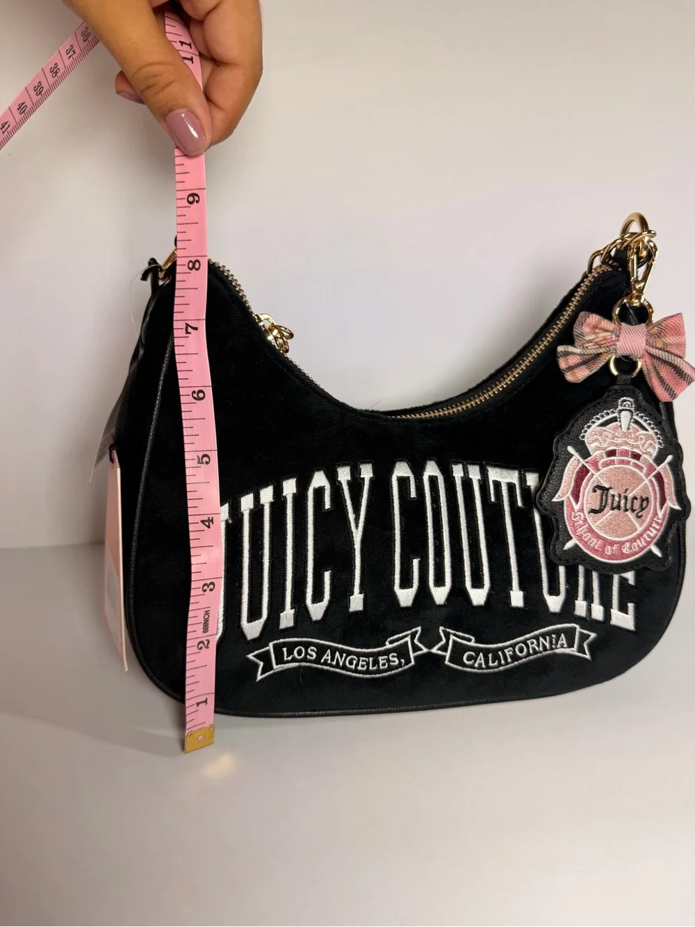 Juicy Couture Black Velour Shoulder Bag with Pink Bow Charm